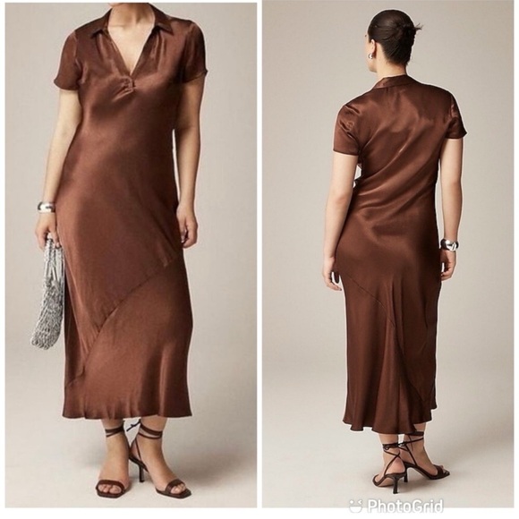 J. Crew Collection Short-sleeve maxi slip dress in luster crepe In Roasted Cocoa - Picture 1 of 11